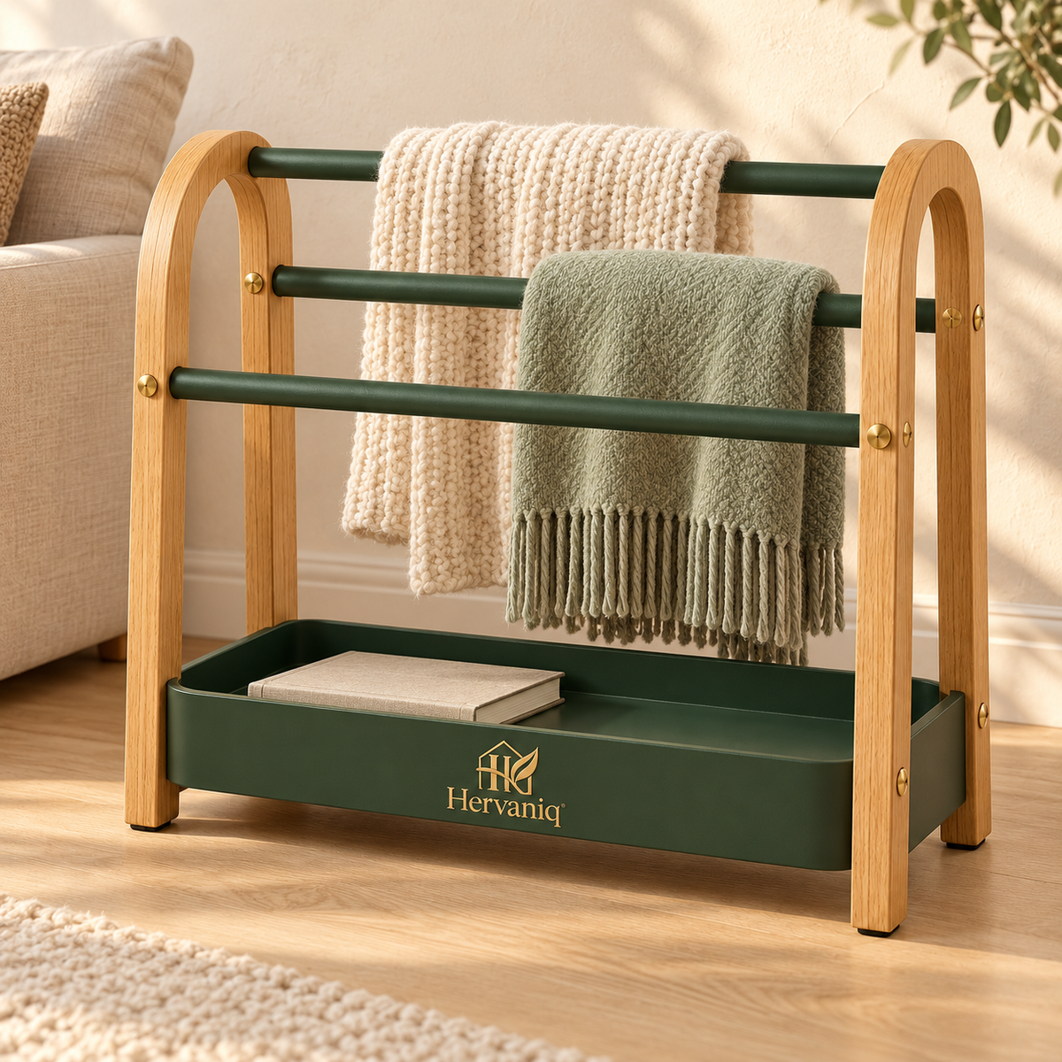 Hervaniq Cozy Corner Freestanding Blanket Rack with Storage Tray