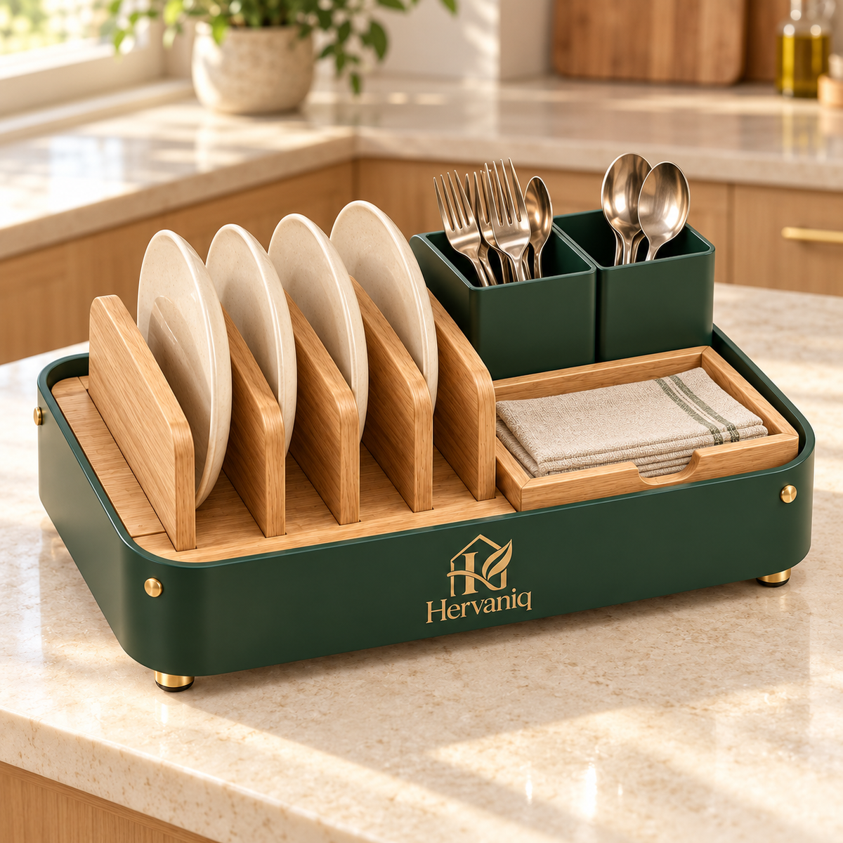 Hervaniq Compact Dining Plate & Utensil Organizer with Napkin Holder